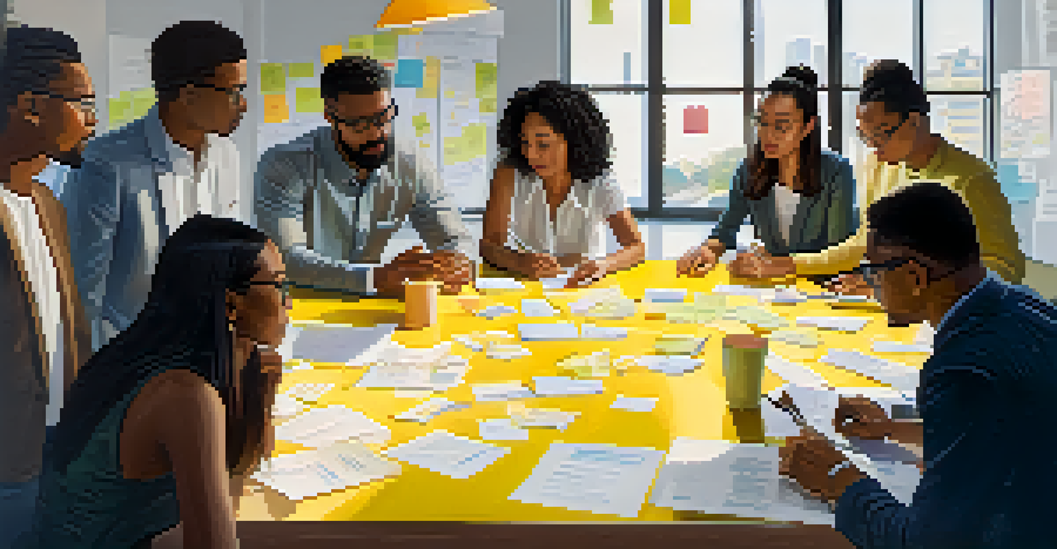 A diverse group of individuals collaborating in a brainstorming session, surrounded by notes and diagrams.