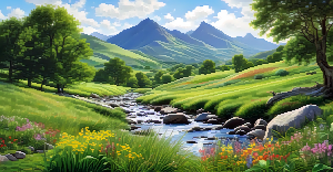 A picturesque green valley with a gentle stream and colorful wildflowers under a clear sky.