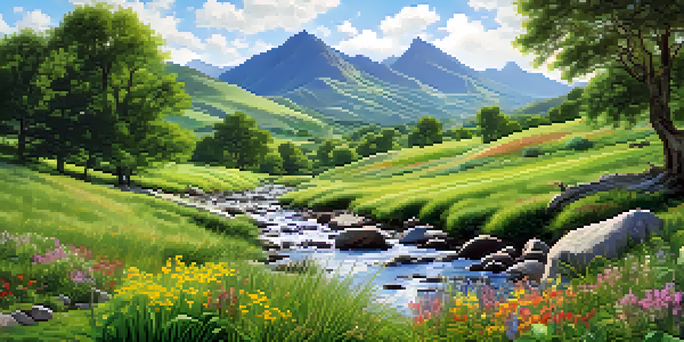 A picturesque green valley with a gentle stream and colorful wildflowers under a clear sky.