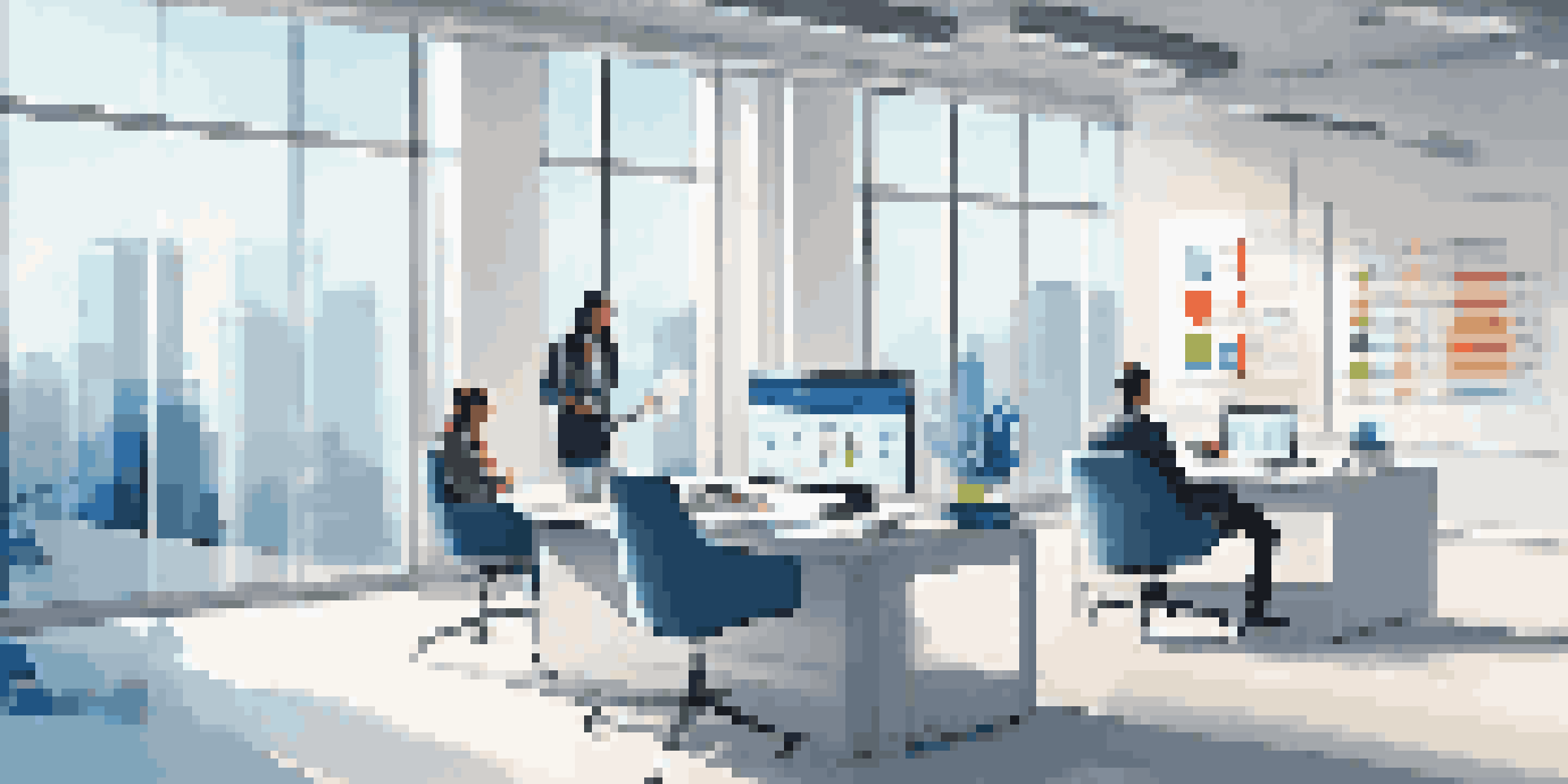 A modern office setting where two professionals are engaged in a discussion about B2B e-commerce, with data charts displayed on the walls.