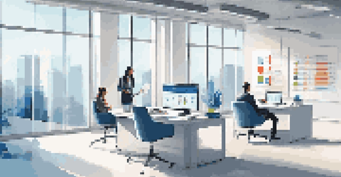 A modern office setting where two professionals are engaged in a discussion about B2B e-commerce, with data charts displayed on the walls.