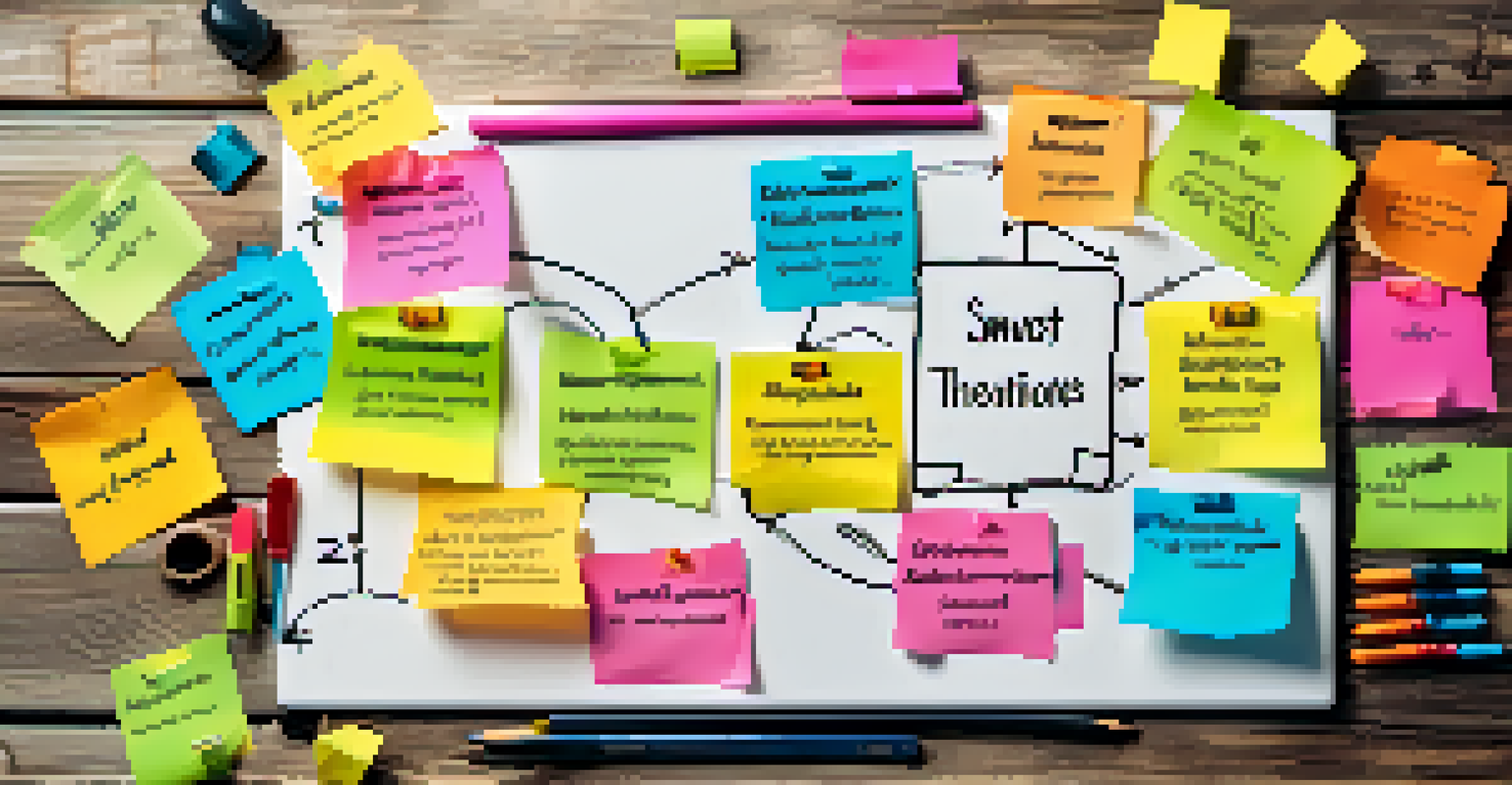 Overhead view of a whiteboard with SWOT analysis and colorful sticky notes, surrounded by financial charts on a rustic wooden table.