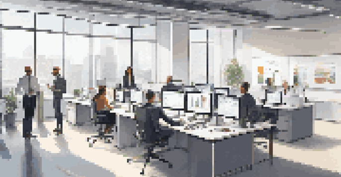 A modern office with a diverse team of professionals collaborating over data analytics on digital screens and charts.