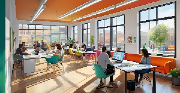 A bright and modern co-working space with diverse entrepreneurs working together, surrounded by large windows and colorful decor.