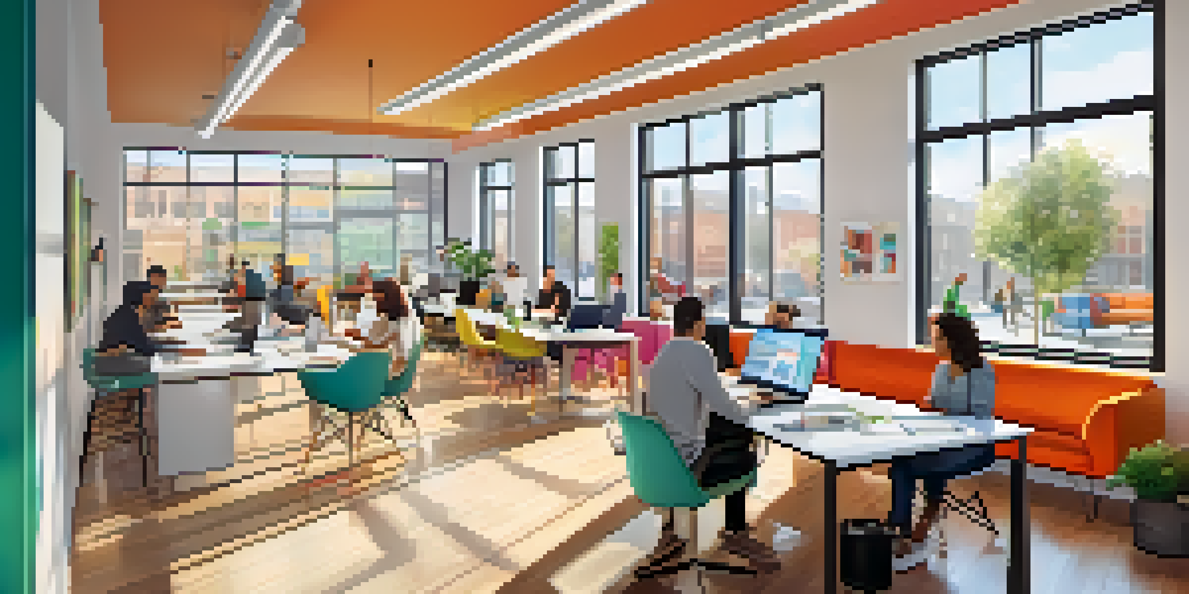 A bright and modern co-working space with diverse entrepreneurs working together, surrounded by large windows and colorful decor.