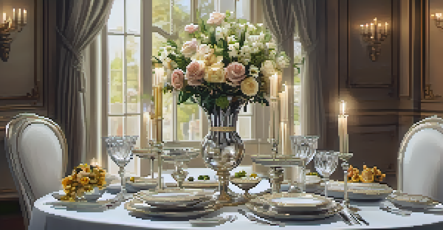 A beautifully set dining table with fine china and a floral centerpiece under soft lighting.