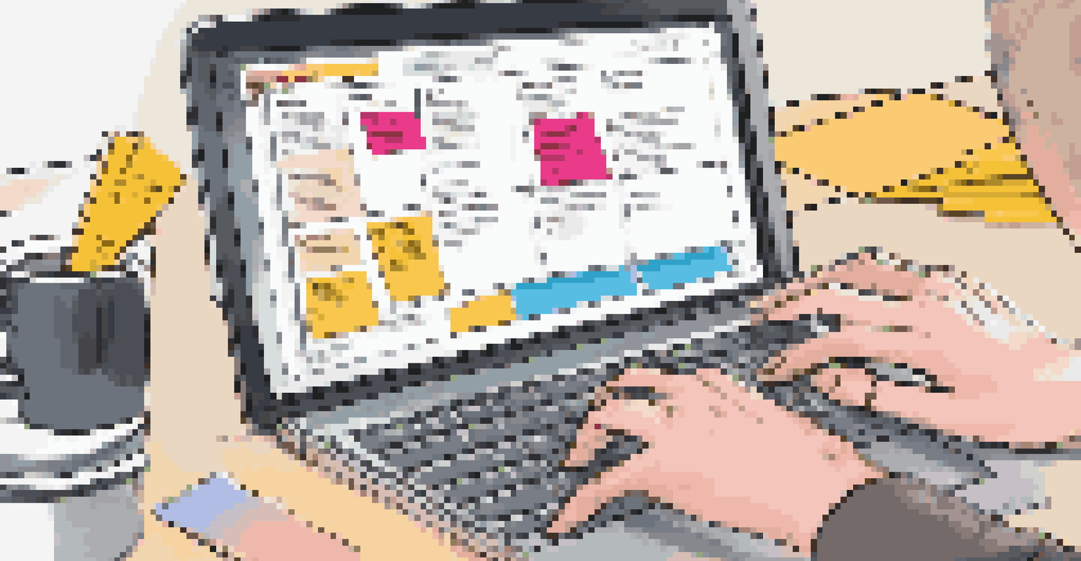 Close-up of hands typing on a laptop with a Kanban board on the screen, surrounded by sticky notes and a coffee cup.