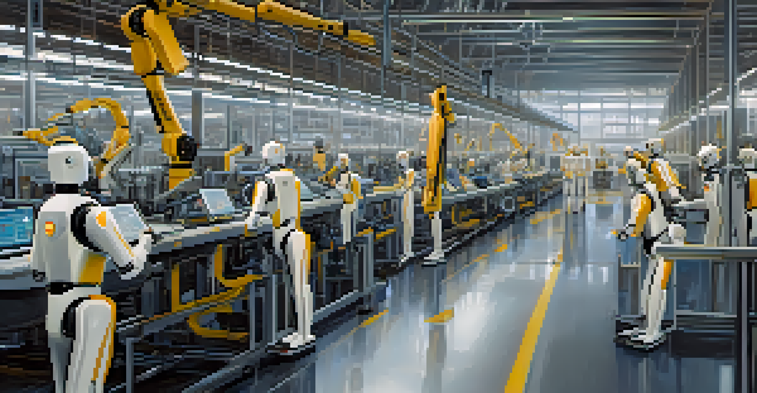 A factory floor with AI-powered robots working alongside human employees on an assembly line, showcasing technology and collaboration.