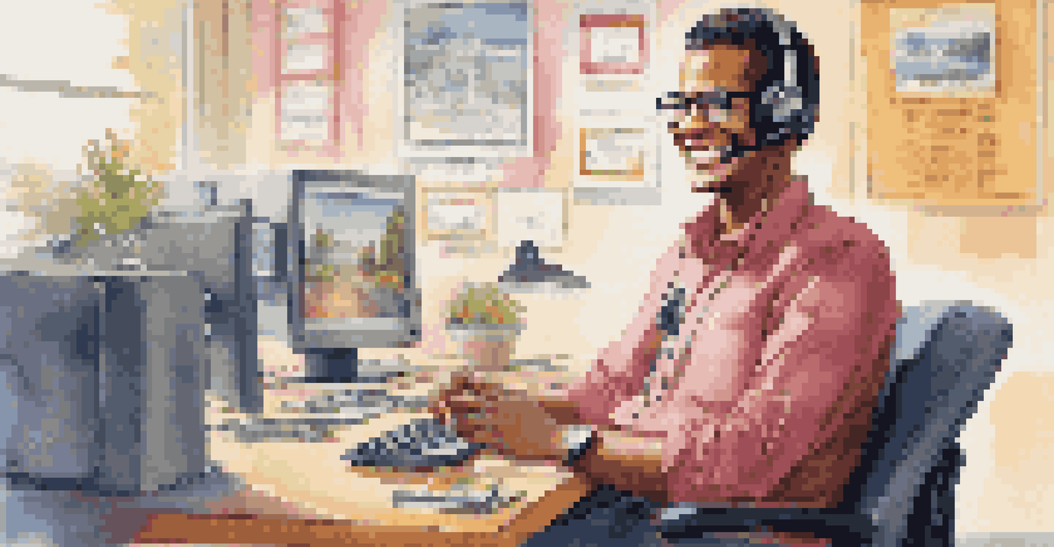 A friendly customer service representative at a desk with a headset, smiling while using a computer in a vibrant office environment.