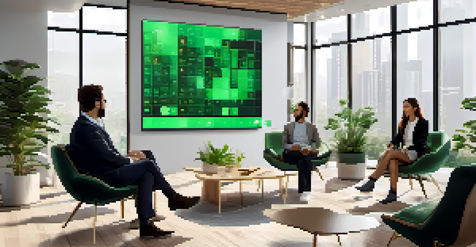 A diverse group of professionals in a bright office discussing blockchain technology and ethics, with digital screens in the background.
