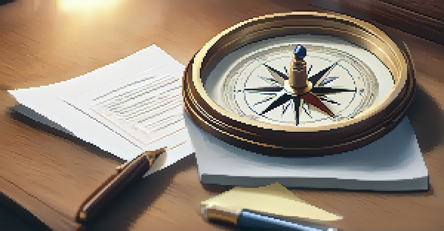 A compass on a wooden desk surrounded by notes and a laptop, symbolizing guidance in leadership with warm lighting.