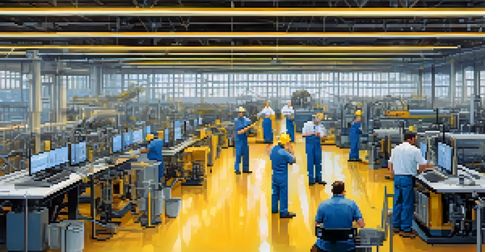 A modern manufacturing facility with workers brainstorming, surrounded by advanced technology and traditional machinery, illuminated by natural light.