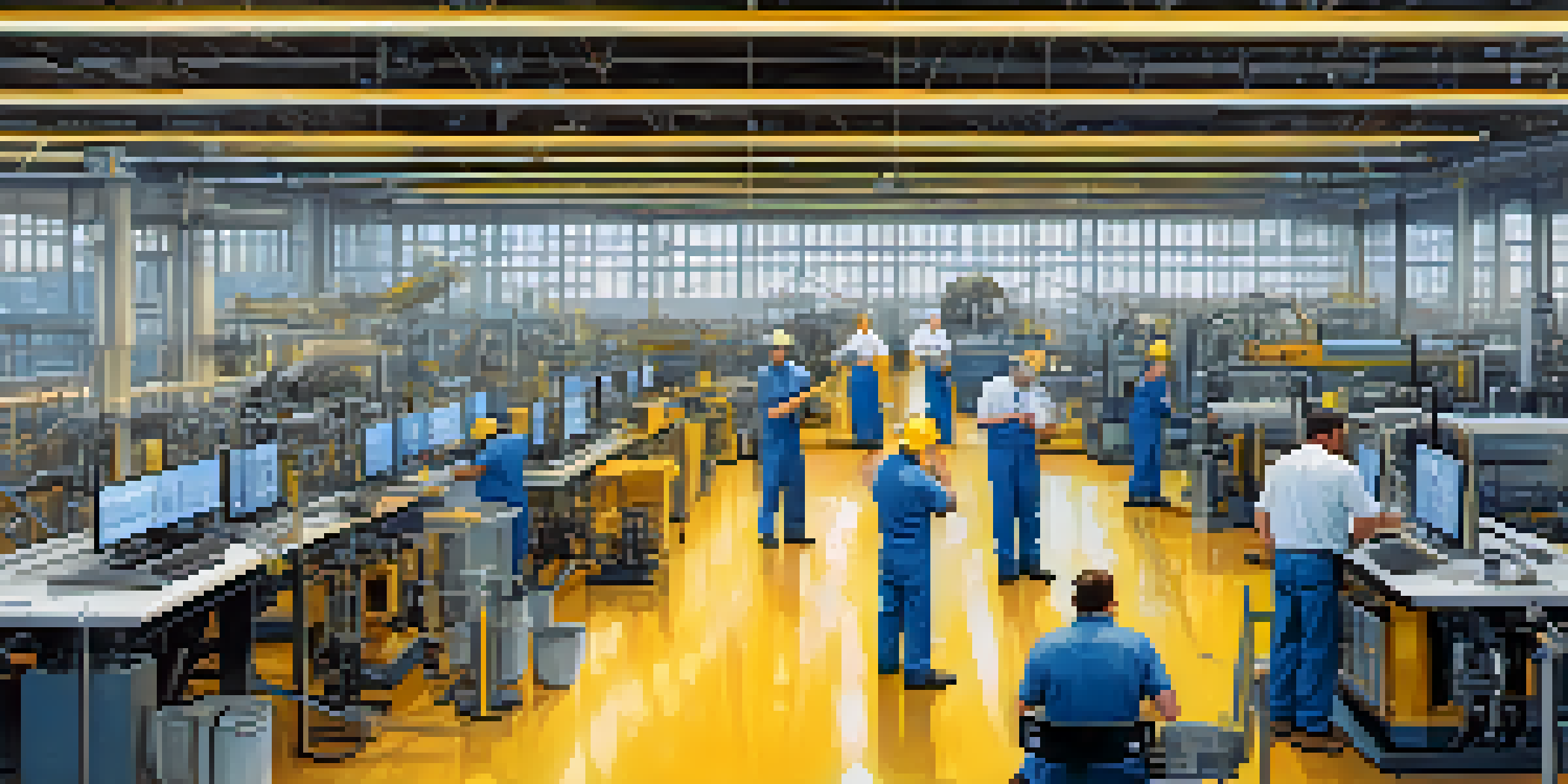 A modern manufacturing facility with workers brainstorming, surrounded by advanced technology and traditional machinery, illuminated by natural light.