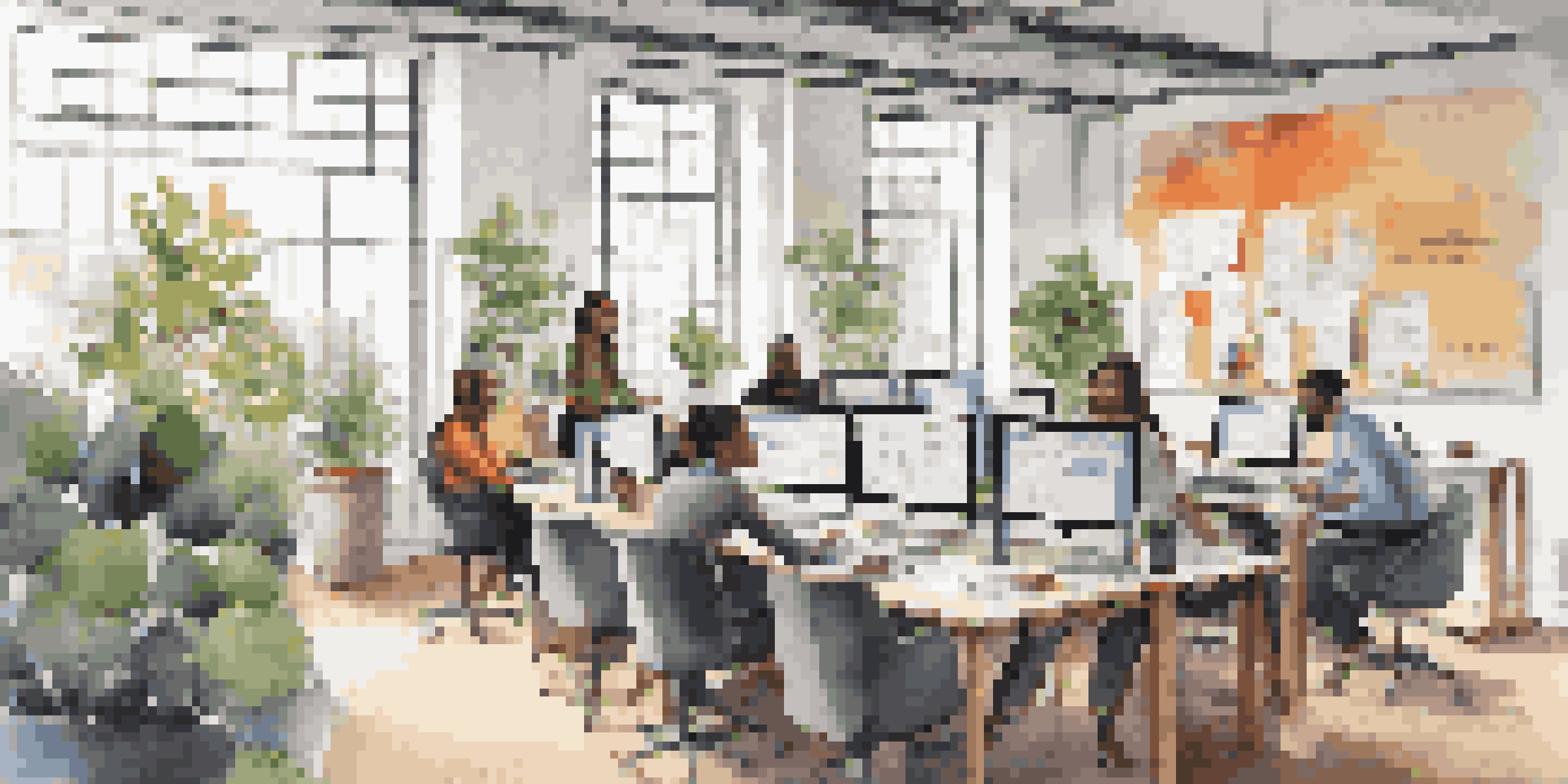 A bright and modern startup office where a diverse group of young professionals are collaborating around a table with market research reports and laptops.