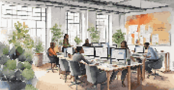 A bright and modern startup office where a diverse group of young professionals are collaborating around a table with market research reports and laptops.
