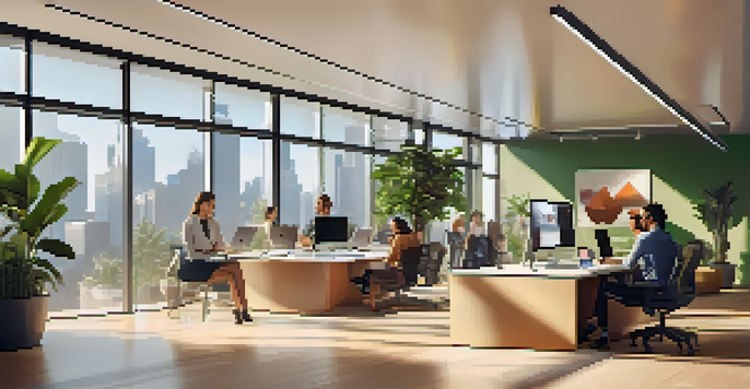 A modern office with diverse professionals engaged in a video conference, bright natural light flooding the space, and contemporary furniture.