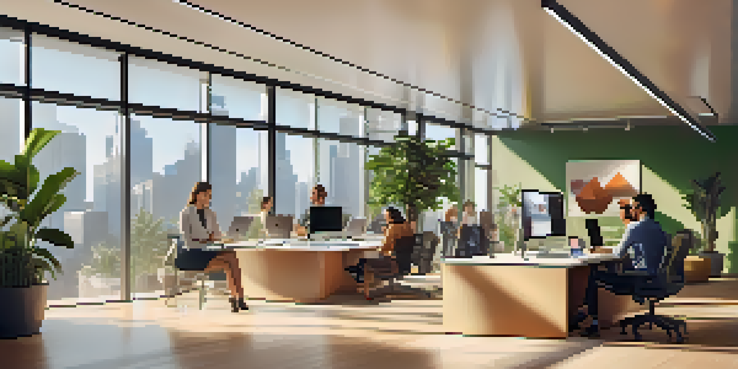 A modern office with diverse professionals engaged in a video conference, bright natural light flooding the space, and contemporary furniture.