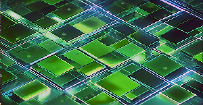 A close-up view of a digital blockchain ledger with interconnected blocks and data, set in a modern office environment.