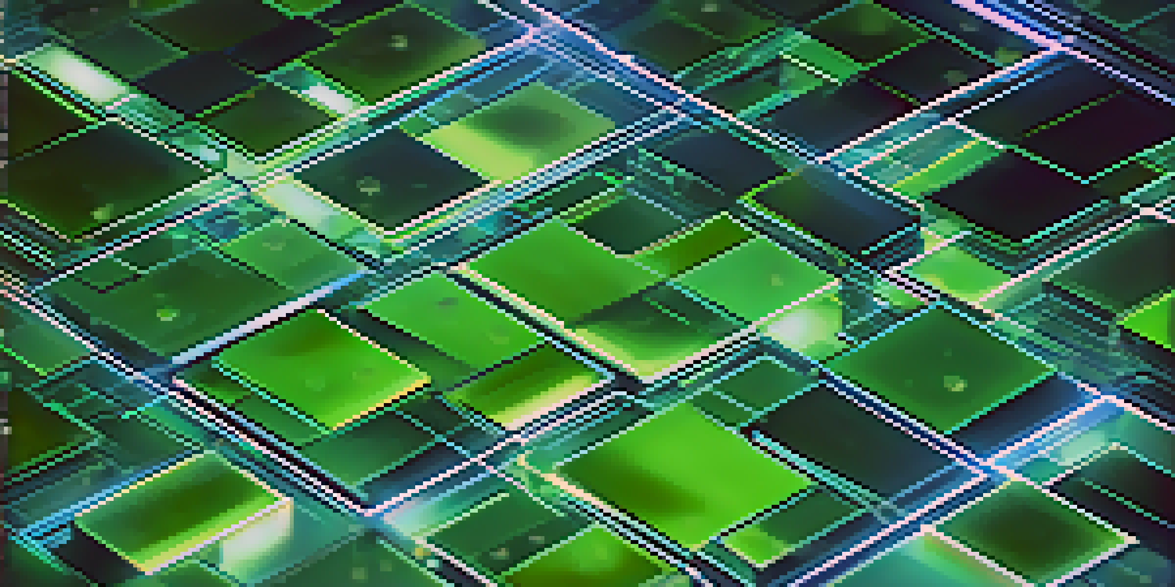 A close-up view of a digital blockchain ledger with interconnected blocks and data, set in a modern office environment.