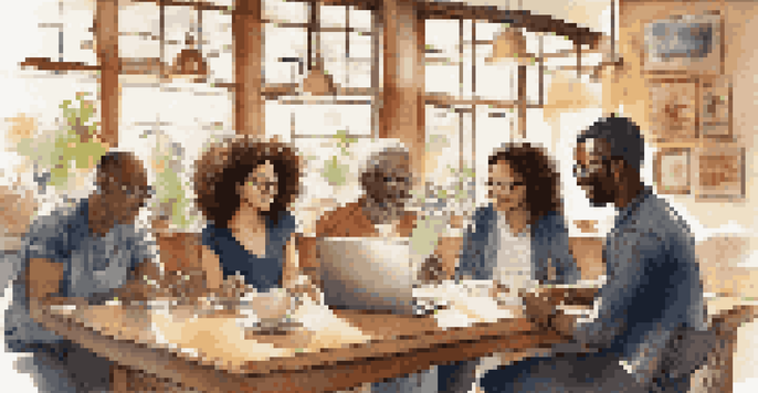 A diverse group of affiliates working together in a coffee shop, collaborating over a laptop with coffee cups and pastries around them.