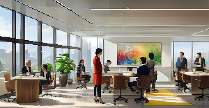 A diverse group of employees in a modern office discussing around a conference table, with a confident woman sharing her ideas.