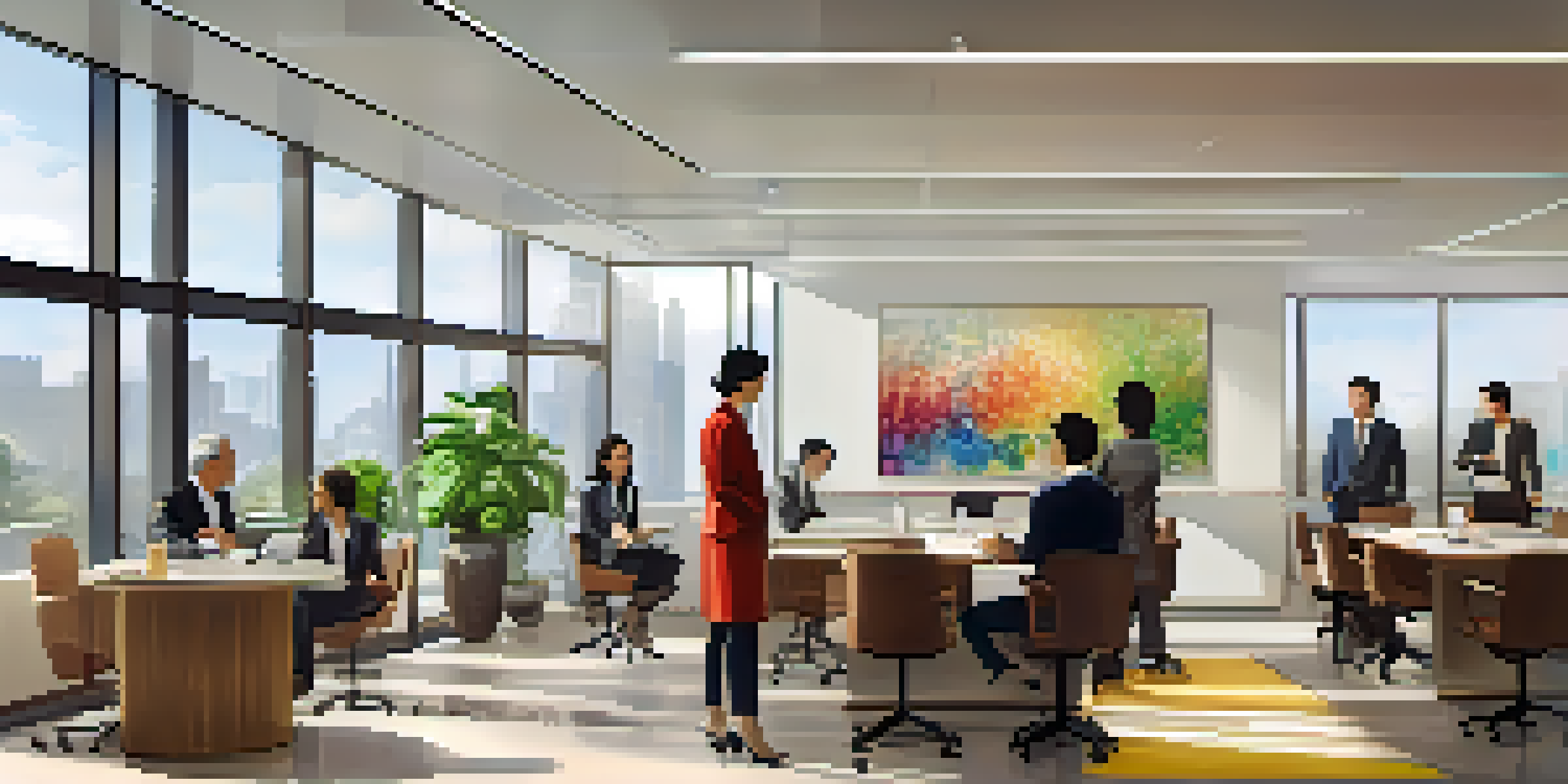 A diverse group of employees in a modern office discussing around a conference table, with a confident woman sharing her ideas.