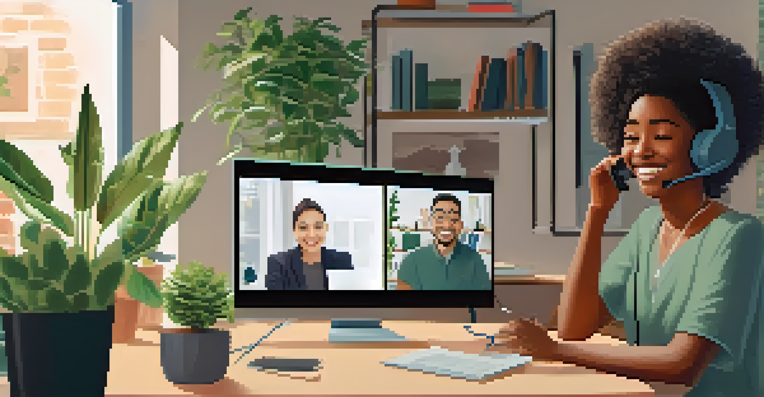 Two colleagues engaged in a video conference call, one listening attentively while the other speaks in a cozy home office.