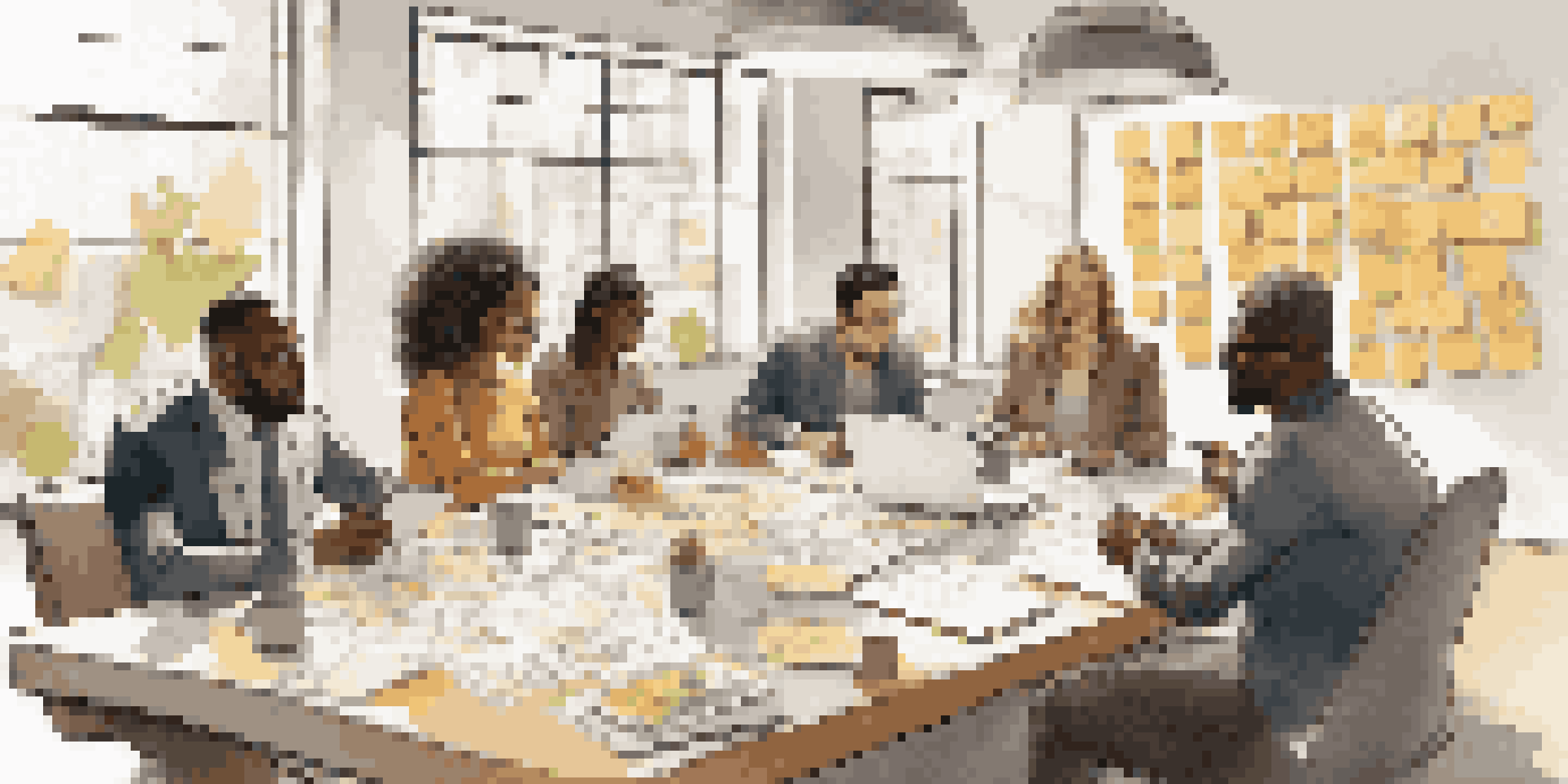 A diverse group of professionals collaborating in a bright room, sharing ideas around a table filled with notes and devices.