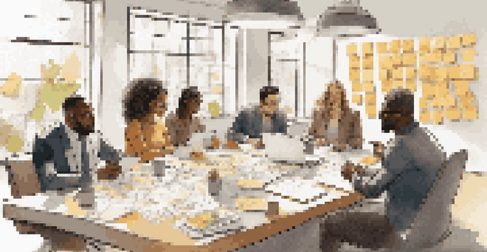 A diverse group of professionals collaborating in a bright room, sharing ideas around a table filled with notes and devices.