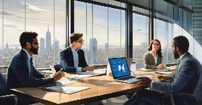 A diverse group of professionals in a well-lit office discussing crisis management around a large table, with charts displayed on a screen.