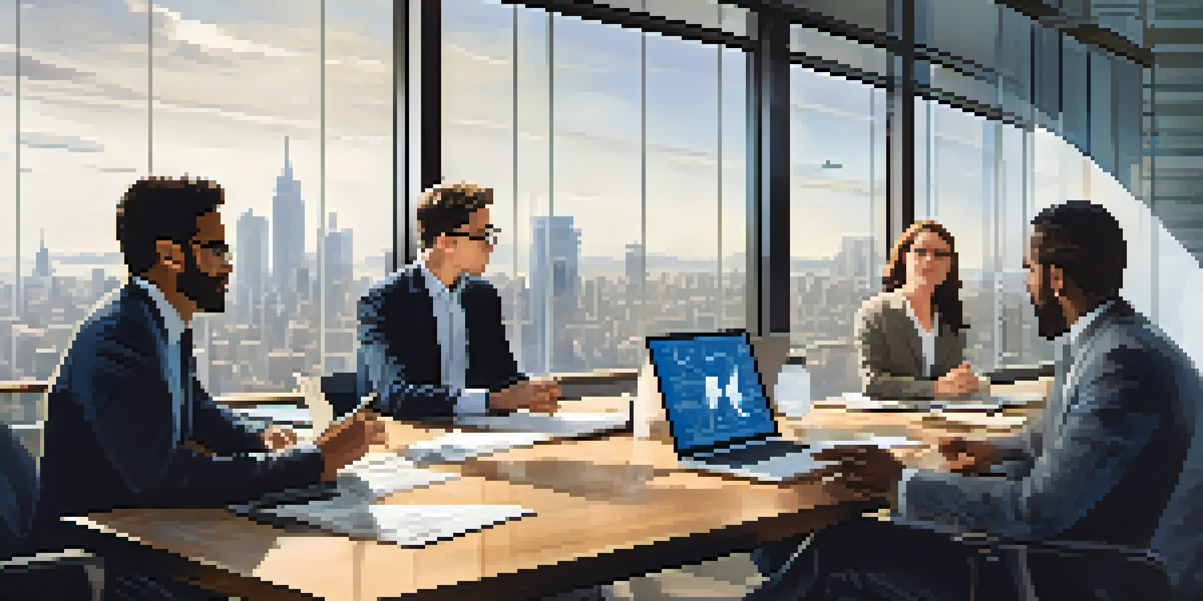 A diverse group of professionals in a well-lit office discussing crisis management around a large table, with charts displayed on a screen.