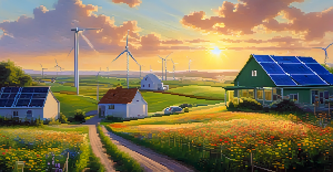 A peaceful renewable energy farm with wind turbines and solar panels, surrounded by green fields and a sunset backdrop.
