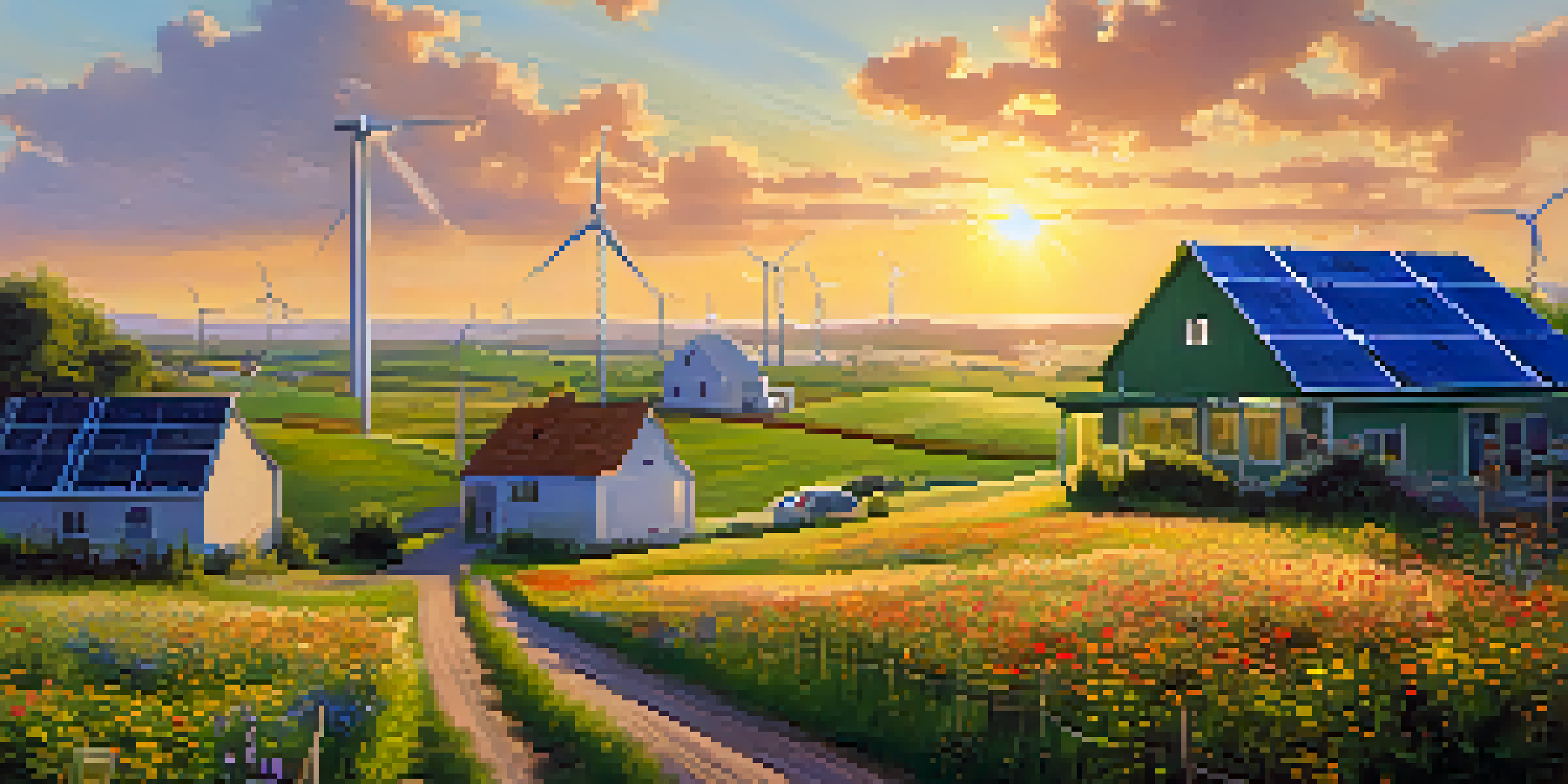 A peaceful renewable energy farm with wind turbines and solar panels, surrounded by green fields and a sunset backdrop.