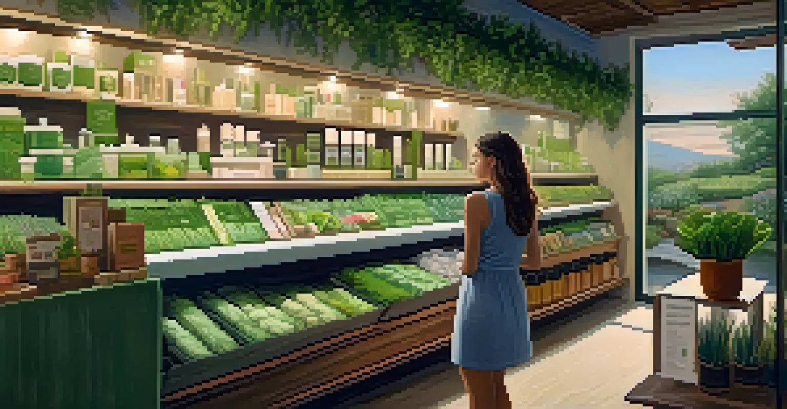 A young woman in a boutique surrounded by eco-friendly products and greenery, reflecting a sustainable lifestyle.