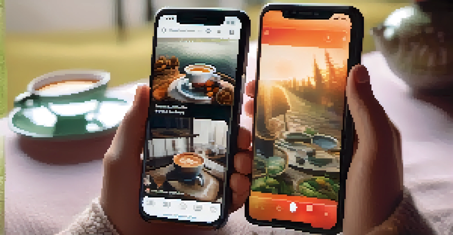 A smartphone showing an engaging social media video, placed next to a cup of tea and a soft blanket in a cozy setting.