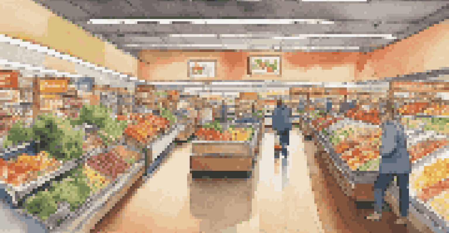A grocery store interior with organized aisles featuring fresh produce, dairy, and snacks, with warm lighting and shoppers browsing.