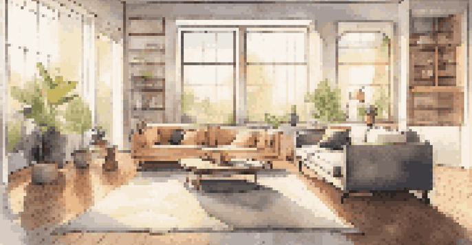 A smartphone displaying a virtual couch in a well-lit living room, with natural light coming through the windows and stylish decor.