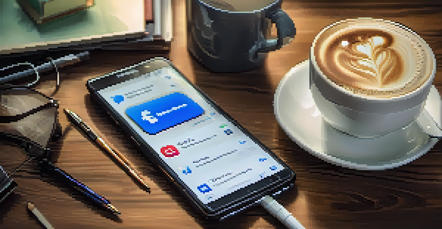 A close-up of a smartphone displaying social media icons, surrounded by office supplies like pens and a coffee cup in a warm, inviting atmosphere.