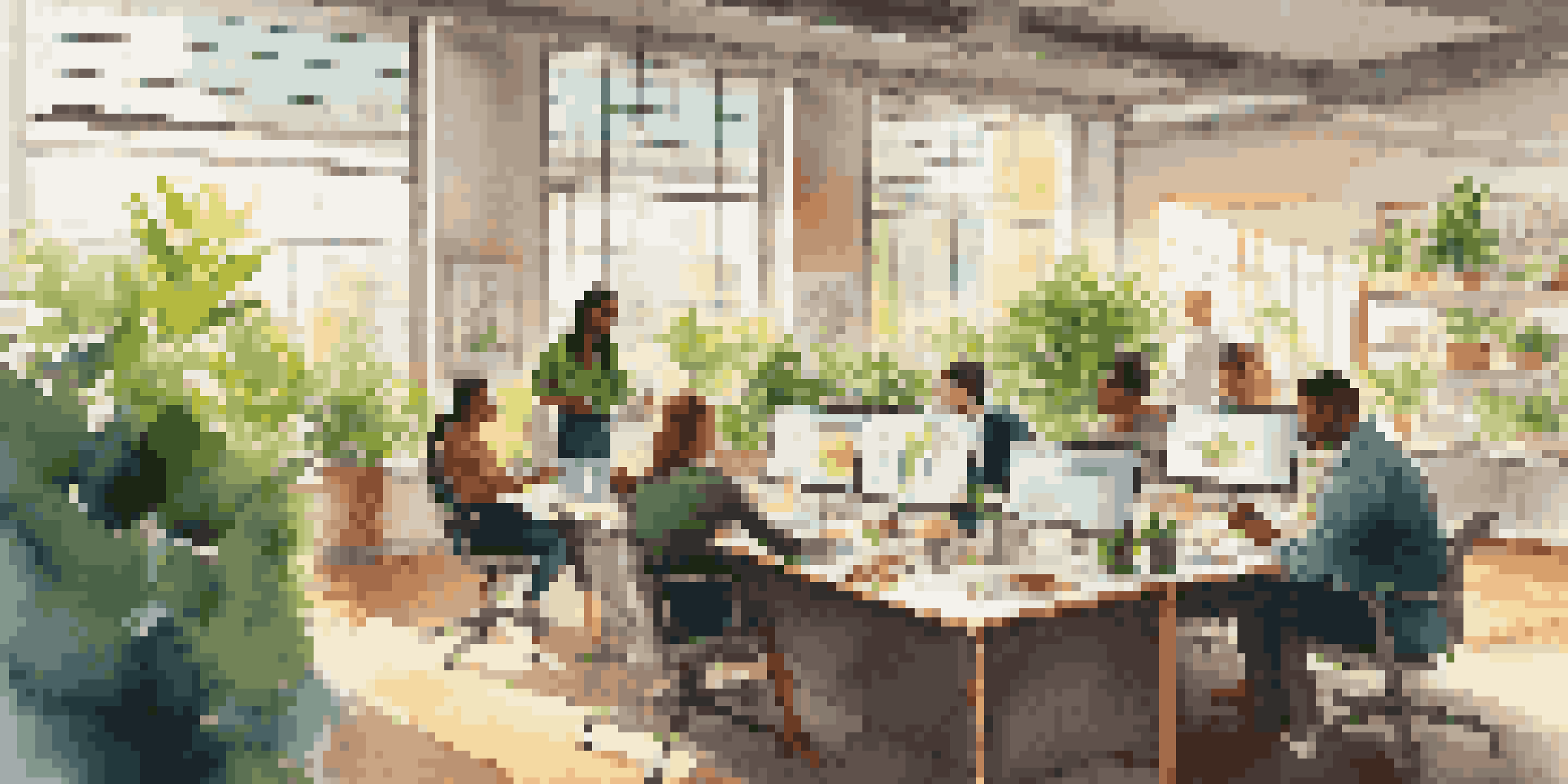 A diverse group of professionals collaborating in a bright office setting with laptops and sticky notes on the table.