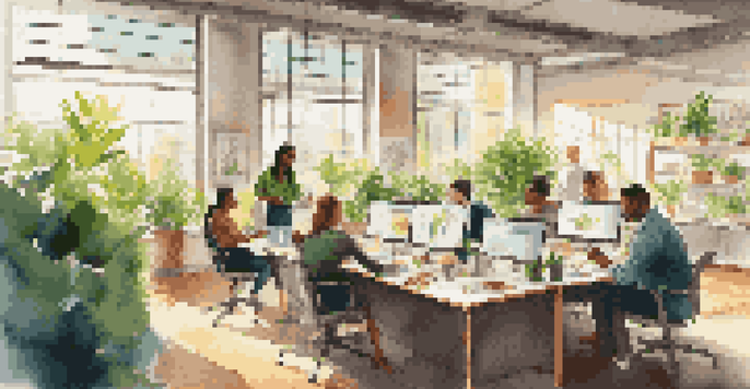 A diverse group of professionals collaborating in a bright office setting with laptops and sticky notes on the table.