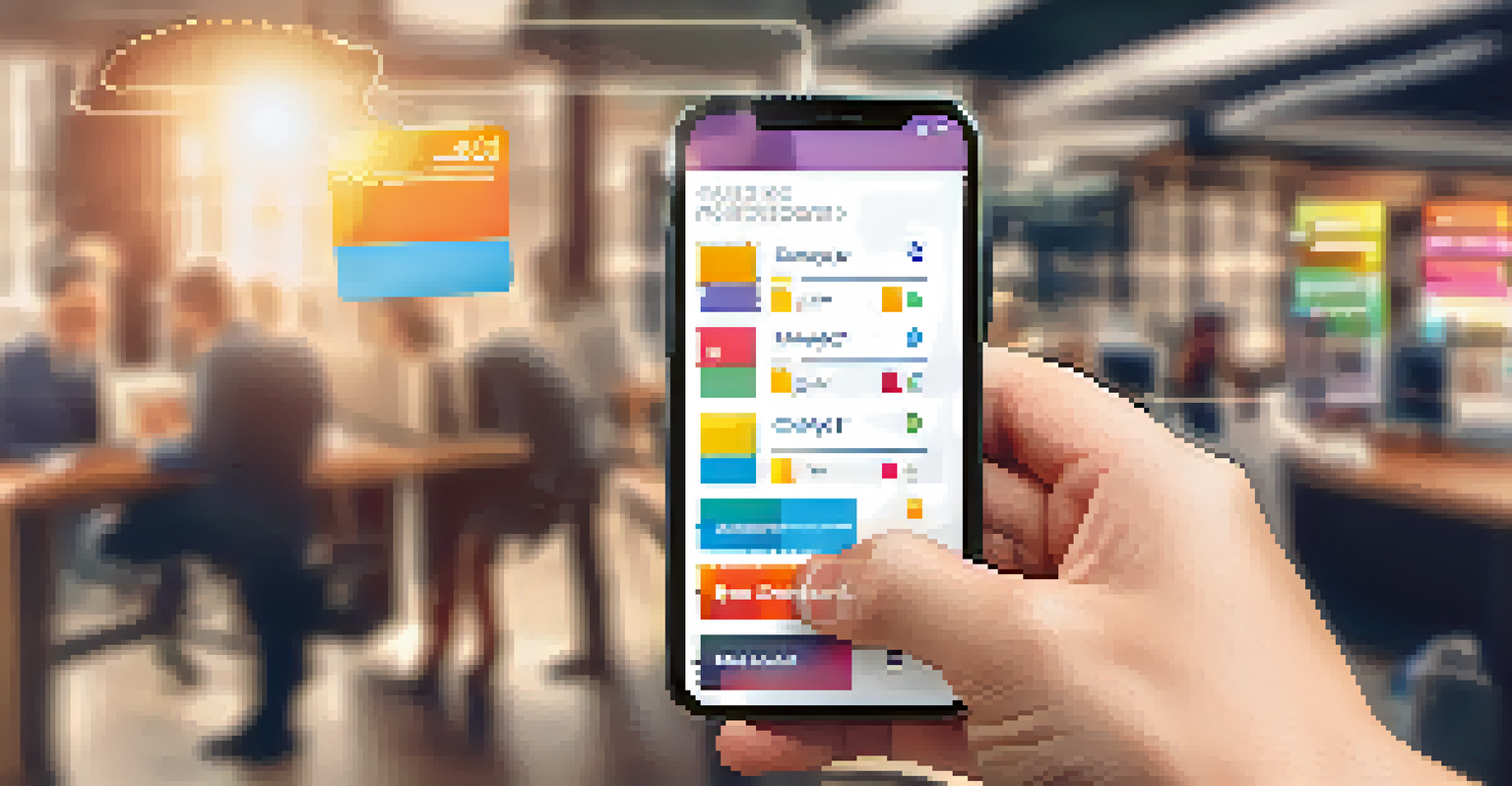 A close-up of a hand holding a smartphone showing a project management app in a modern office.