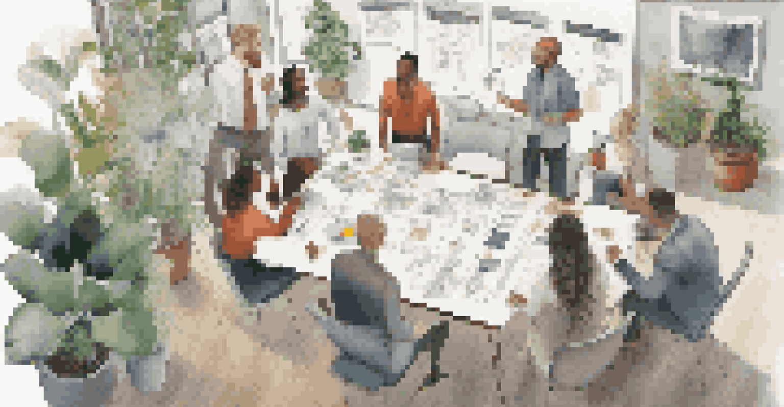 An overhead view of a diverse team discussing and updating a large Business Model Canvas on a wall in a modern, plant-filled workspace.