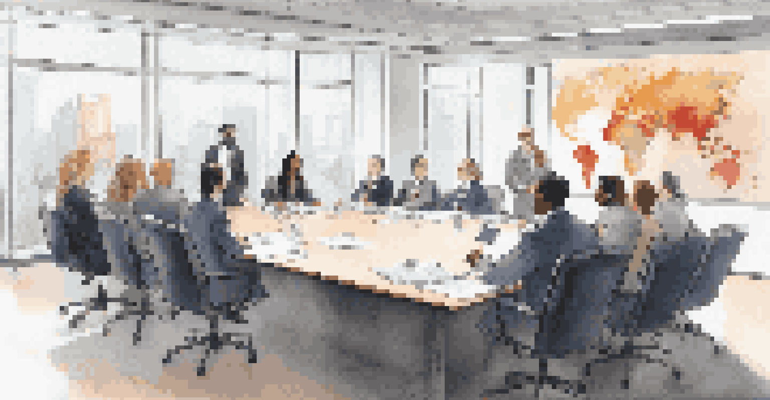 A modern conference room with professionals discussing financial graphs.