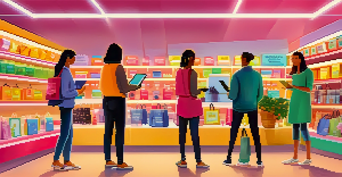 A lively shopping environment where diverse customers are engaging with digital devices to explore products, with colorful shelves and a digital interface displaying personalized recommendations.