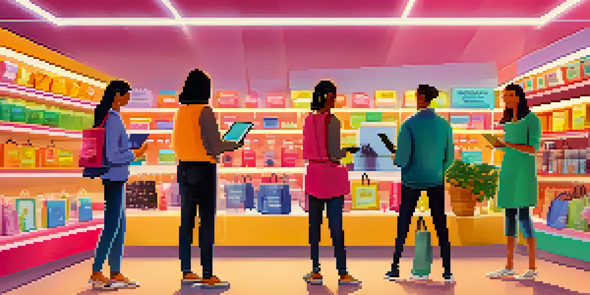A lively shopping environment where diverse customers are engaging with digital devices to explore products, with colorful shelves and a digital interface displaying personalized recommendations.