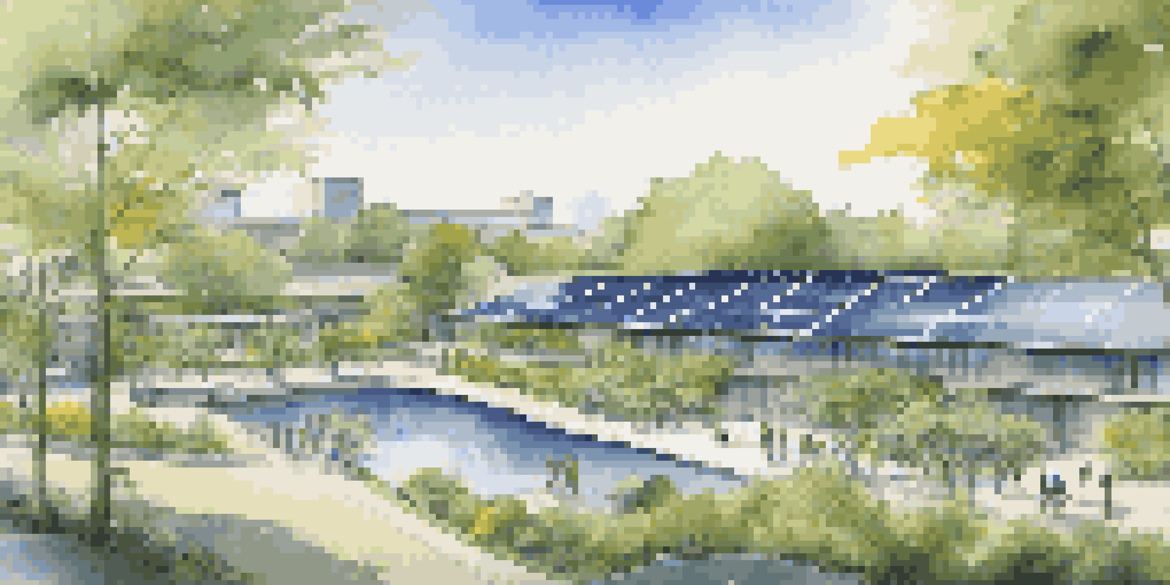 A green business campus with solar panels, employees working outdoors, and a water feature surrounded by greenery.