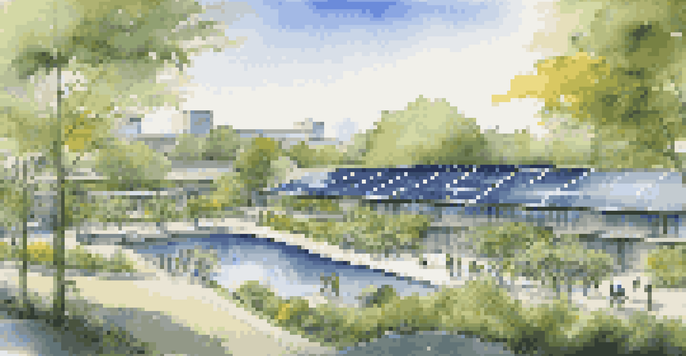 A green business campus with solar panels, employees working outdoors, and a water feature surrounded by greenery.