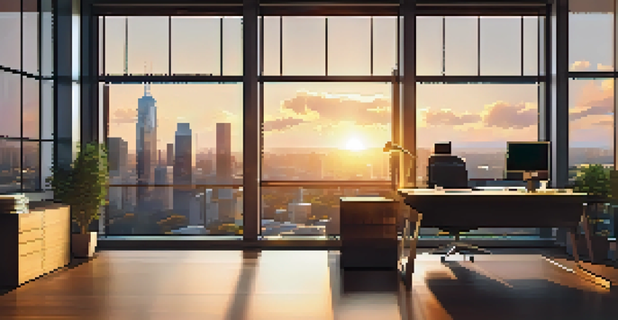 A modern office with a city skyline view during sunset, featuring a desk with a laptop and organized financial documents, illuminated by warm light.