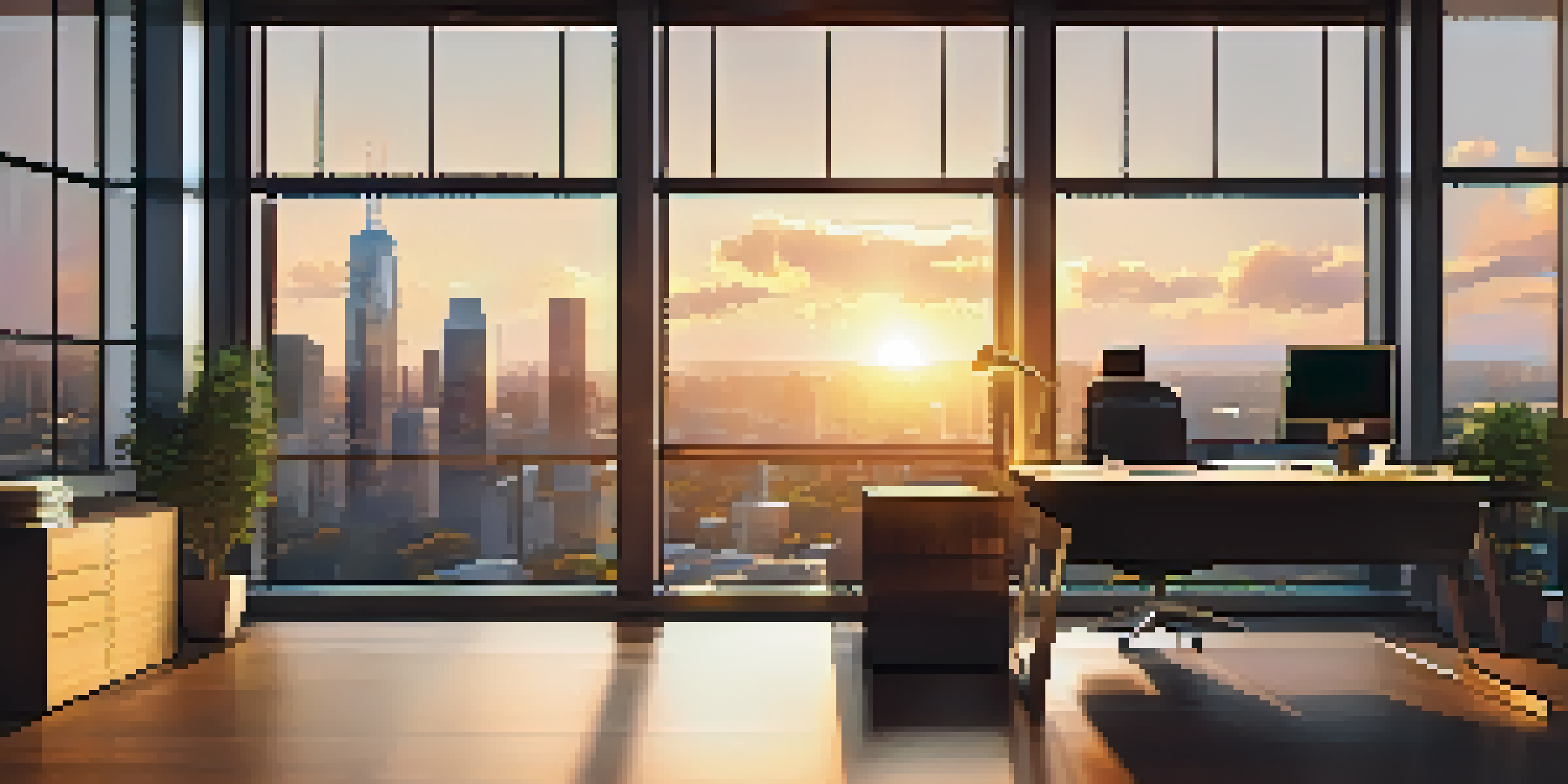A modern office with a city skyline view during sunset, featuring a desk with a laptop and organized financial documents, illuminated by warm light.