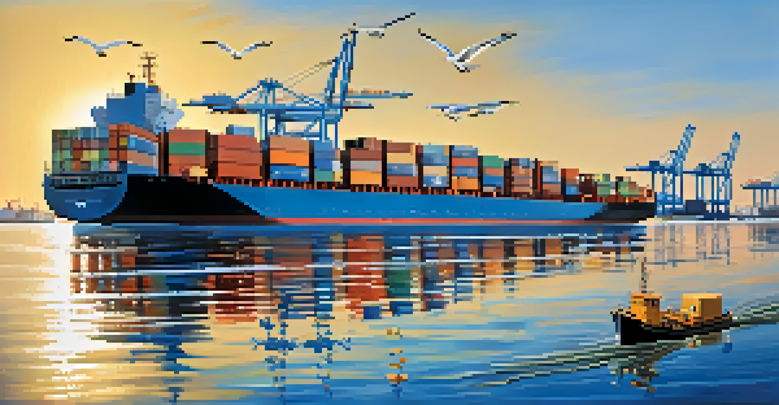 A cargo ship on a calm sea, loaded with colorful containers, with a bright sky and seagulls flying above.